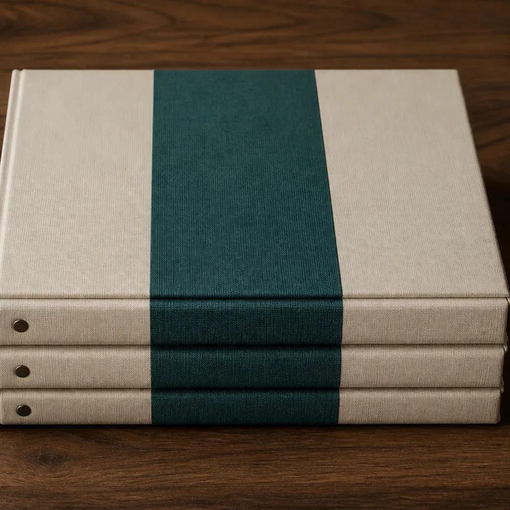 three cream binders with a teal linen band on walnut